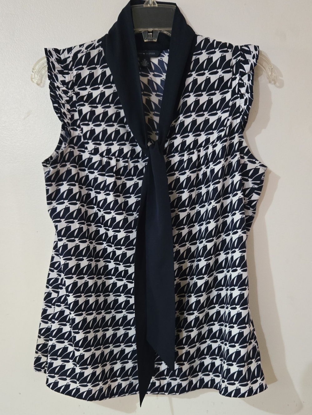 Tommy Hilfiger Sailboat Print Sleeveless Tie Neck Top